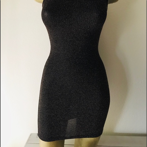 JANUARY 7 Shimmery BLACK GOLD Bodycon MINI DRESS With BOW Detail Back S - Picture 7 of 11